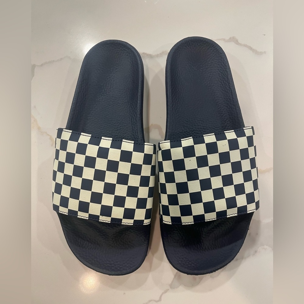 Vans Men's Slide-On Navy Blue And White Checkerboard Slides Sandals